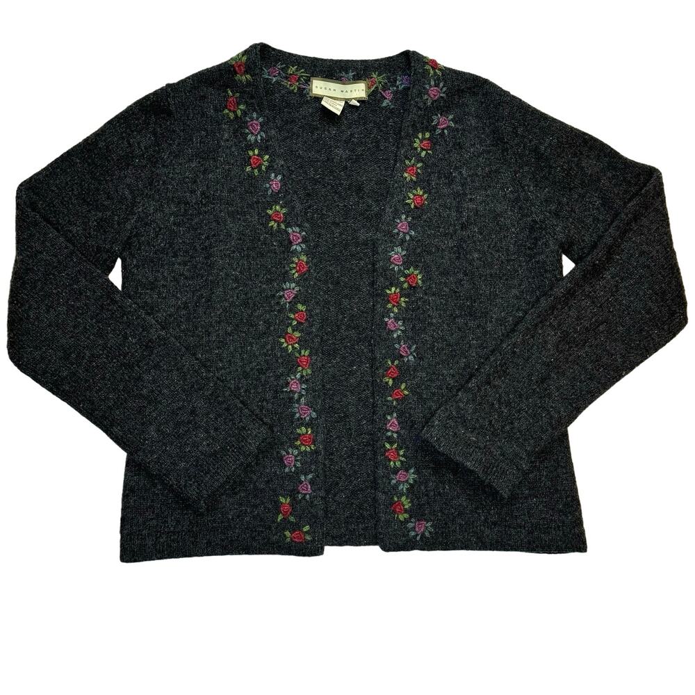 Vintage 100% Shetland wool embroidered floral open cardigan size M grandmacore